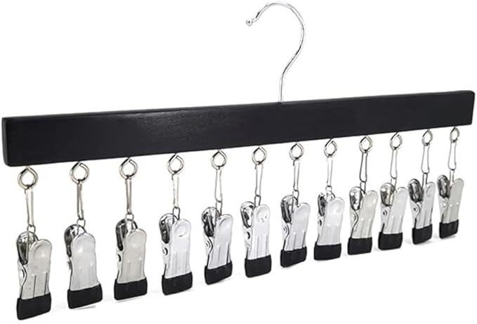 Closet Organizer with 12 Clips, 2026 New Upgraded Space Saving Hanger with 360° Rotating Metal Clips Silicone Lining for Scarves, Pants, Skirts, Towels (Black, 1 PCS)