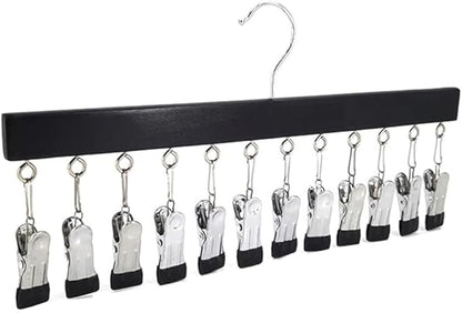 Closet Organizer with 12 Clips, 2026 New Upgraded Space Saving Hanger with 360° Rotating Metal Clips Silicone Lining for Scarves, Pants, Skirts, Towels (Black, 1 PCS)