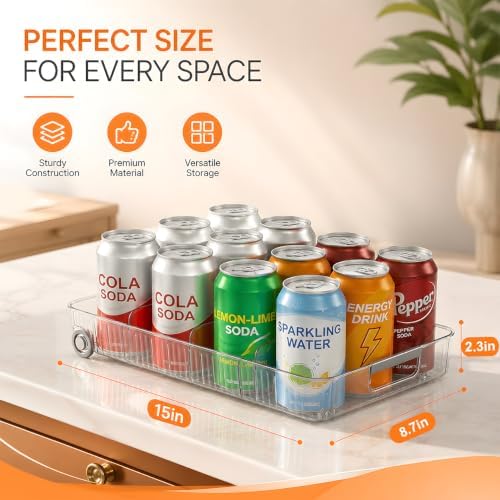 2 Pack Profile Fridge Organizer Bins with Wheels, 2.3'' Low Clear PET Roll Out Refrigerator Trays with 4 Dividers for Soda Cans, Drinks, Snacks and Pantry - Image 2