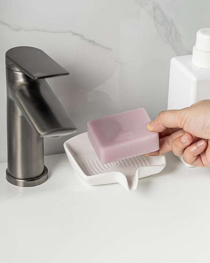 Soap Dish with Waterfall Design, Ceramic Soap Holder Self Draining Bar Soap Saver for Sink Bathroom Shower Kitchen to Keep Organized and Clean, White