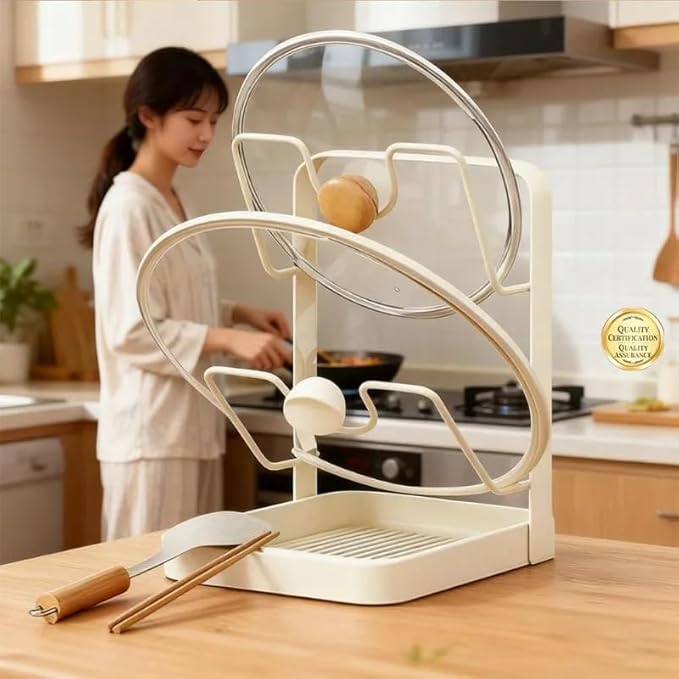 Peaoop Kitchen Pot Lid Storage Rack,Countertop Pot Lid Holder With Spoon Rest,Multifunctional Pot Lid Organizer with Removable Drip Tray for Countertop Kitchen Space Tidy (White, One Layer)
