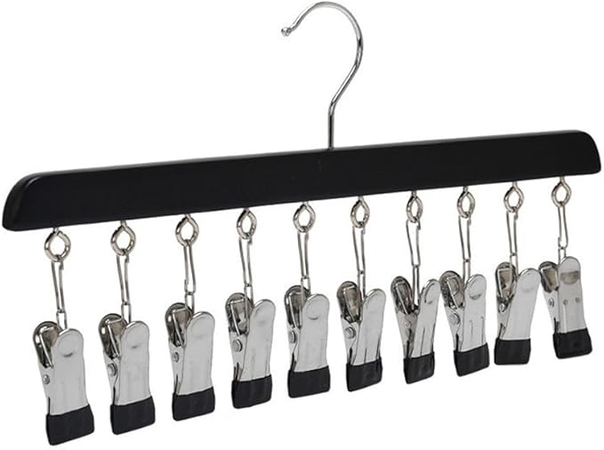 Closet Organizer with 10 Clips, Space Saving Hanging Closet Organizer, Space-Saving Hat Scarf Clothespins for Jeans Skirts Socks Pant Hangers with Clips (1, black-10 Clamps)