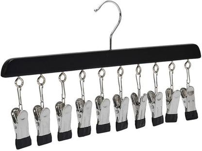Closet Organizer with 10 Clips, Space Saving Hanging Closet Organizer, Space-Saving Hat Scarf Clothespins for Jeans Skirts Socks Pant Hangers with Clips (1, black-10 Clamps)