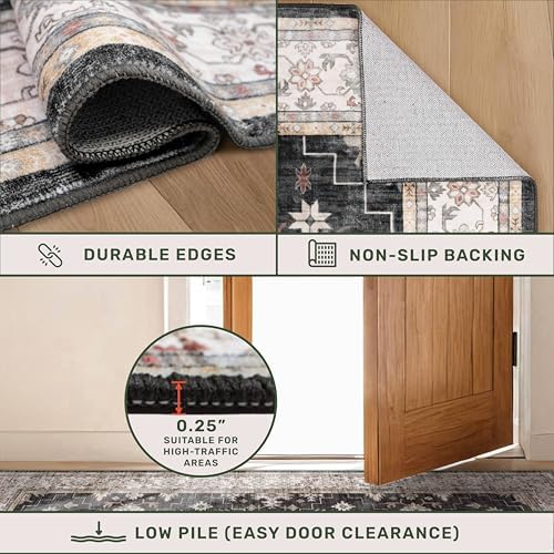Black 2x7 Long Runner Rugs for Entryway, Throw Runners for Kitchen Hallway, Boho Vintage Floral Decor & Non-Slip Low-Pile Washable Stain Resistant Ashen Charcoal Rug - Image 5