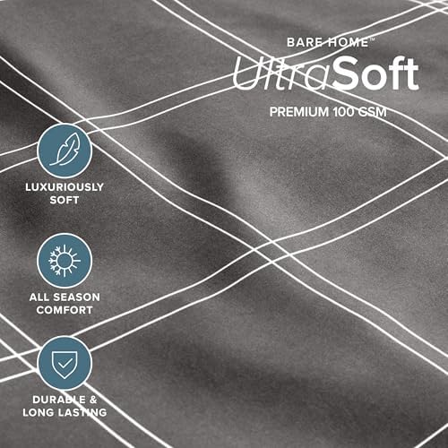 Bare Home Fitted Sheet - 1800 Ultra-Soft (King, Modern Plaid - Grey/White) - Image 2
