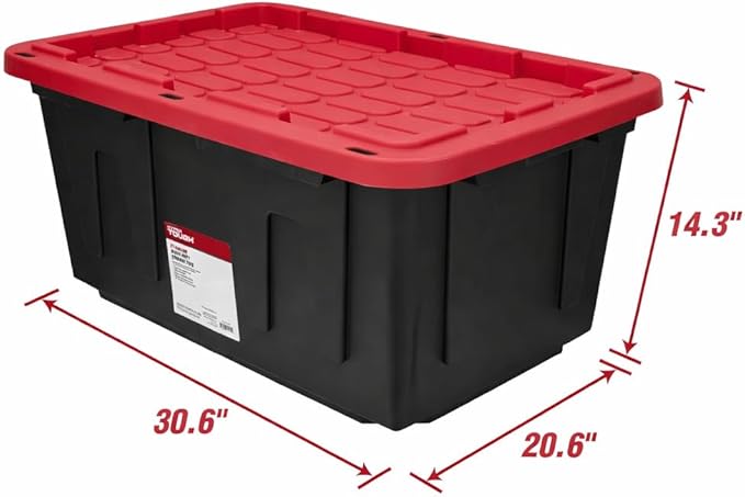 27 Gallon Large Storage Bin with Snap Lid, Heavy Duty Plastic Storage Container, Black and Red, 4 Pack