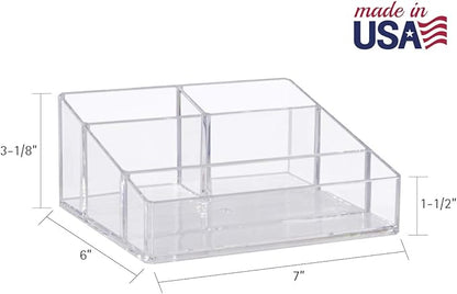 STORi Clear Plastic Small Countertop Vanity Makeup Organizer, Compact Rectangular 4-Compartment Holder for Brushes, Eyeshadow Palettes, & Beauty Supplies, Made in USA