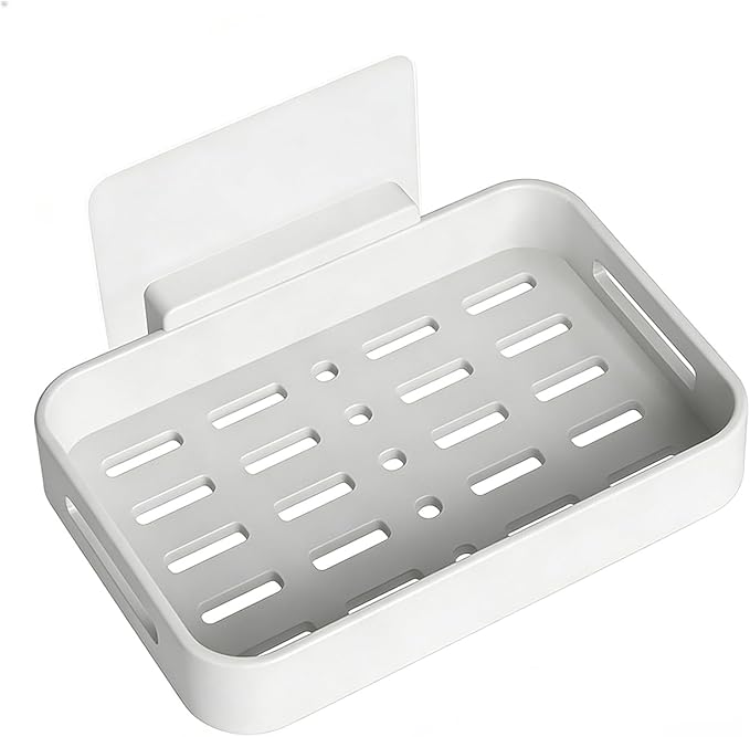 Shower Soap Dish Soap Bar Holder, 2 Pcs Soap Holder for Shower Wall, Plastic No Drill Adhesive Mount Removable Soap Saver Sponge Holder for Bathroom Kitchen Sink, White
