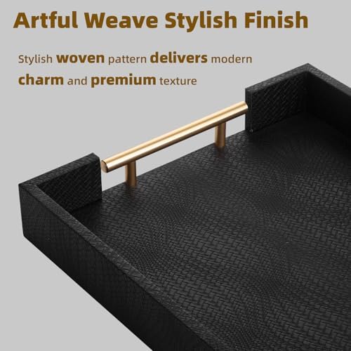 2 Piece Woven Leather Ottoman Tray with Gold Handles, Perfect Rectangular Serving Tray for Living Room, Coffee Table Tray as Thoughtful Gift for Home Decor Enthusiasts (Black) - Image 5