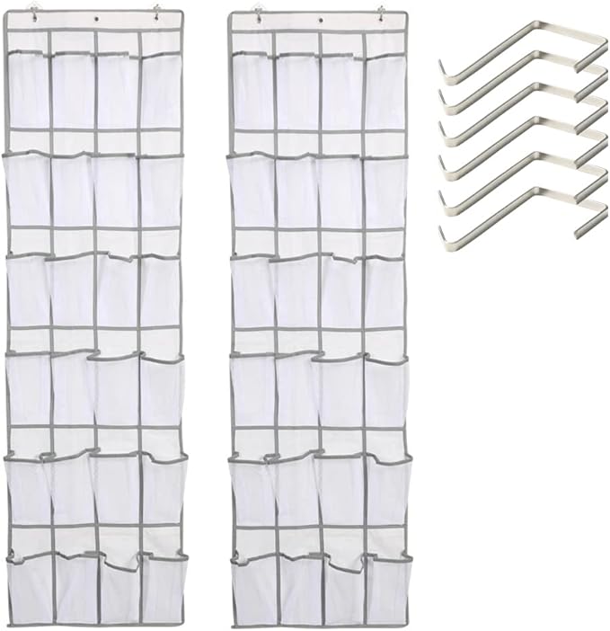 HURRISE 2Pcs 24 Large Pockets Over The Door Shoe Organizer, Hanging Shoe Organizer Holds Up to 40 lbs with 24 Mesh Large Pockets Door Shoe Rack Organizer for Door Mesh Closet Shoe Holder Hanger