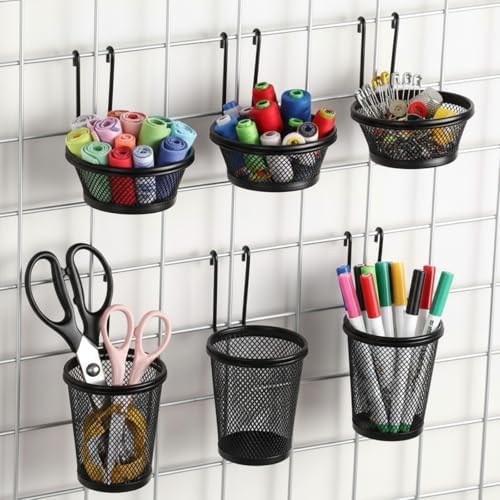6 Pcs Grid Wall Cups with Ring Hooks Hanging Pencil Holder Wall Mount Wire Grid Panel Pen Holder Cup for Gridwall Paperclip Organizer Holders Gridwall Accessories for Office Home by Otoolling