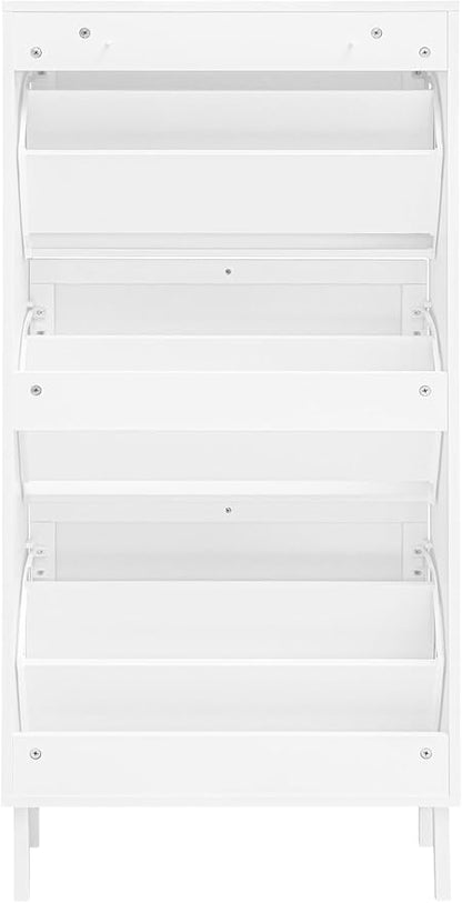 ZeHuoGe Rattan Shoe Cabinet with 3 Flip Drawers, White Narrow Shoe Rack Storage Cabinet with Metal Legs for Heels, Slippers, Entrance Hallway Entryway (White)