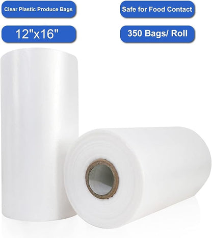 LabelMore Plastic Produce Bags on a Roll, Clear, Food Storage Bags for Bread, Vegetable, Fruits and Meat, 350 Bags/Roll (12''X16''/10 Rolls)