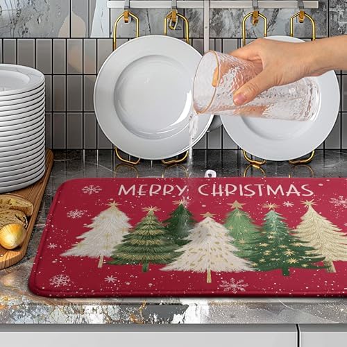 Merry Christmas Dish Drying Mat for Kitchen Counter 18x24 Inch Red Xmas Tree Snowflakes Drying Pad Winter Holiday Absorbent Microfiber Dish Draining Reversible Dish Drainer Rack Mat - Image 3