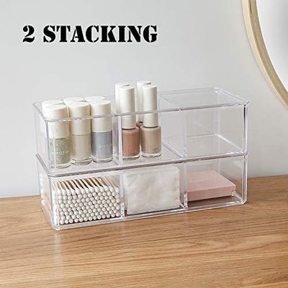 Sooyee Qtip Holder Rectangle Cotton Ball and Swab Holder Organizer with Lid, Dustproof,Waterproof,Clear Acrylic 3 Compartment Cotton Pad Container for Cotton Swabs, Make Up Pads, Cosmetics