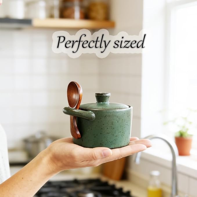 Ceramic Salt Cellar With Lid & Spoon,8oz Salt Container For Countertop,Sugar Bowl,Spice Jar(Green)