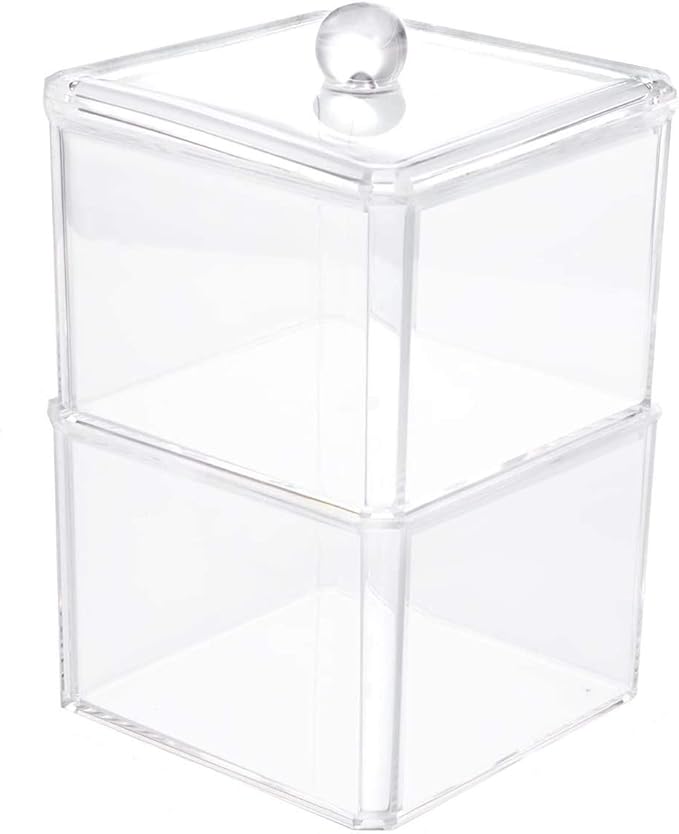 Square Acrylic Cotton Ball Pads Gauze Swab Holder Organizer Q-tip Dispenser Storage Canister Bathroom Container Flossers Box Case (3.5 x 3.5 x 5.3 inches, Two Tiers, Transparent)