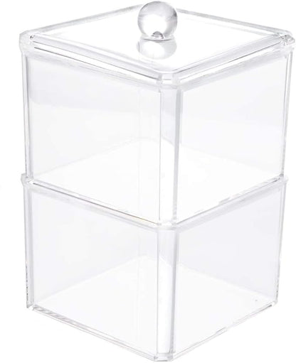 Square Acrylic Cotton Ball Pads Gauze Swab Holder Organizer Q-tip Dispenser Storage Canister Bathroom Container Flossers Box Case (3.5 x 3.5 x 5.3 inches, Two Tiers, Transparent)