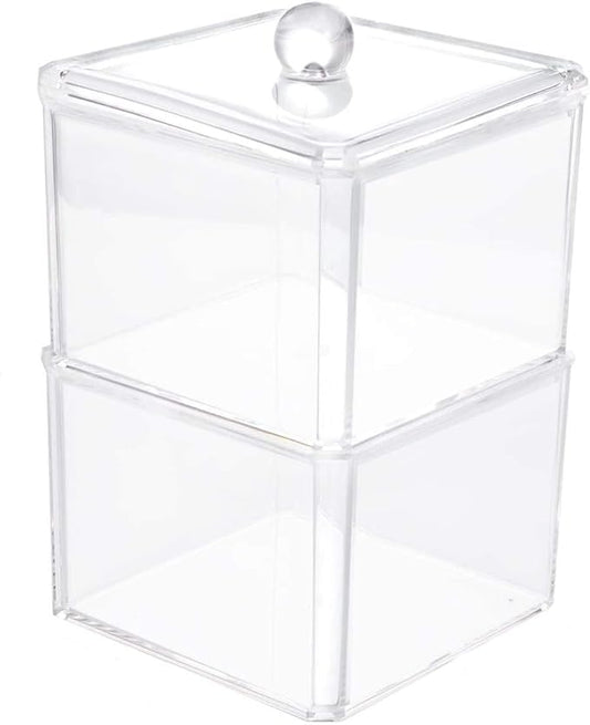 Square Acrylic Cotton Ball Pads Gauze Swab Holder Organizer Q-tip Dispenser Storage Canister Bathroom Container Flossers Box Case (3.5 x 3.5 x 5.3 inches, Two Tiers, Transparent)