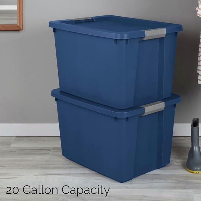 Large Storage Bin, 20 Gallon Plastic Storage Tote with Latch Lid and Grip Handle, Stackable Container for Household, Garage, Basement, or Outdoor, Blue