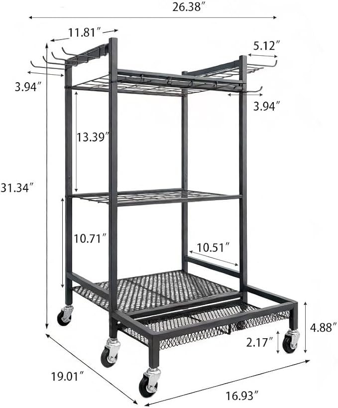 Garden Tool Organizer Rack with Wheels Up to 30-35 Tools, Heavy-Duty Steel Yard Tool Organizer for Garage Storage with 11 Hooks, Broom Holder & Garden Tool Rack for Shed, Patio, Lawn, Outdoor, Black