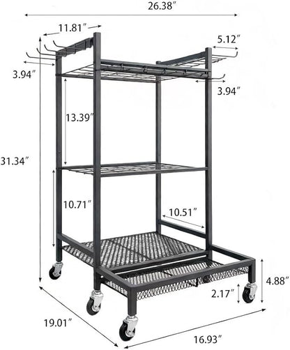Garden Tool Organizer Rack with Wheels Up to 30-35 Tools, Heavy-Duty Steel Yard Tool Organizer for Garage Storage with 11 Hooks, Broom Holder & Garden Tool Rack for Shed, Patio, Lawn, Outdoor, Black