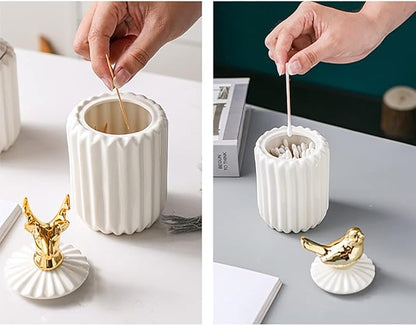 Cotton Swab Holder Qtip, Q-Tips Container with Lid, Ceramics Cotton Ball Canister Canister Toothpick Holder Dispenser for Vanity Dresser Counter Bathroom (Starfish)