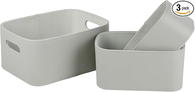 HofferRuffer Faux Leather Storage Baskets Bins with Velvet Lining for Organizing, Storage, Gifts, Set of 3 Nesting Shelf Baskets Decorative Storage Boxes for Home Organization (Grey)