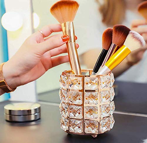 Crystal Makeup Brush Holder Organizer Eyebrow Comb Brushes Pen Pencil Cup Container Cosmetic Storage Organizer,Handcrafted Cosmetics Brushes Cup (Gold)