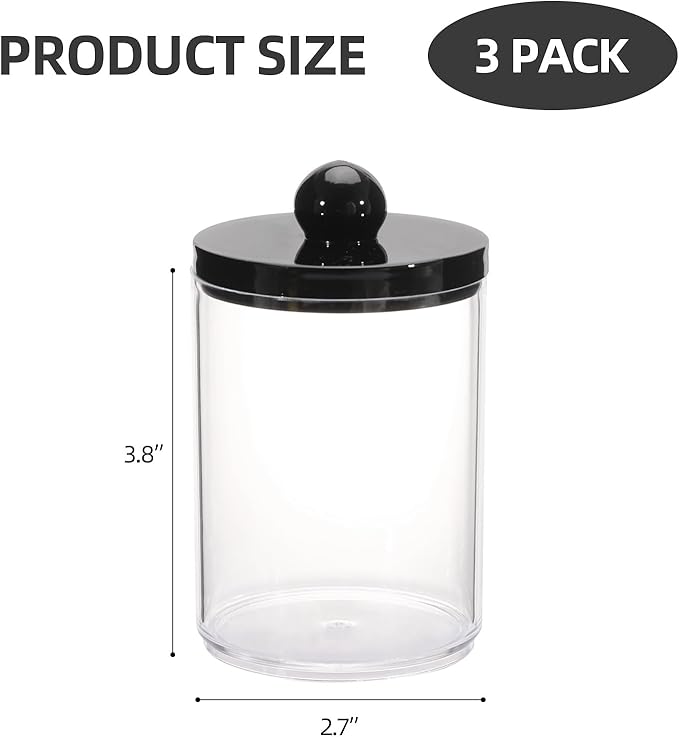 Tbestmax 10oz Qtips Holder - Bathroom Organizers and Storage Containers Plastic Apothecary Jar with Black Lids for Cotton Swab, Cotton Round Pads, Floss - Black