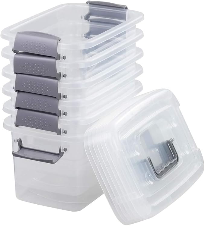 6-Pack Home Storage Bins, Plastic Container, Latching Box with Handle (Grey handle)
