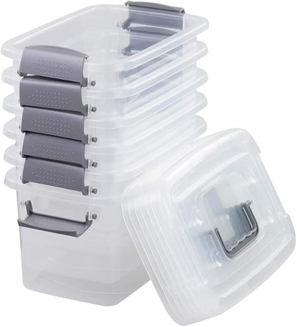 6-Pack Home Storage Bins, Plastic Container, Latching Box with Handle (Grey handle)