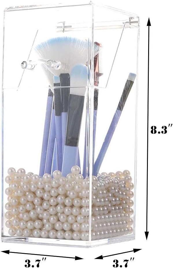 Sooyee Makeup Brush Holder,Makeup Brush Organizer with 8mm White Pearls,Dustproof Makeup Brush holder with Lid