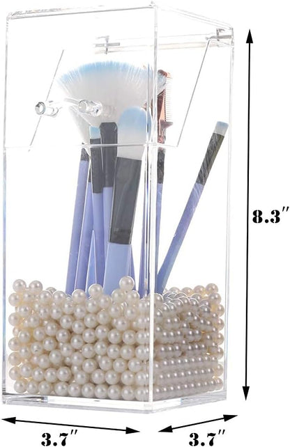 Sooyee Makeup Brush Holder,Makeup Brush Organizer with 8mm White Pearls,Dustproof Makeup Brush holder with Lid