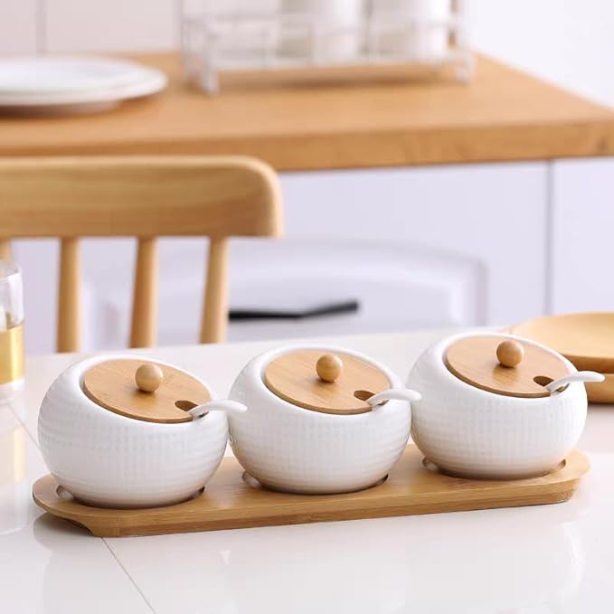 Ceramic Seasoning Container Spice Jar, Home Kitchen Seasoning Box Food Storage Container with Bamboo Lid and Bamboo Tray, Ceramic Spoon 200 ml (7 oz), Set of 3 Bottles, Suitable for Kitchen