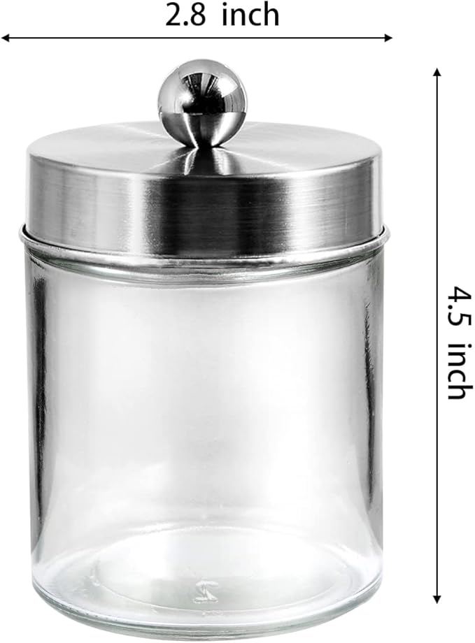 3PC Apothecary Jar Canisters Bathroom Vanity Organizer - Qtip Holder Storage Countertop & Stainless Steel Lids &Cute Stickers for Qtips,Cotton Swabs,Makeup Sponges,Floss (Brushed Nickel)