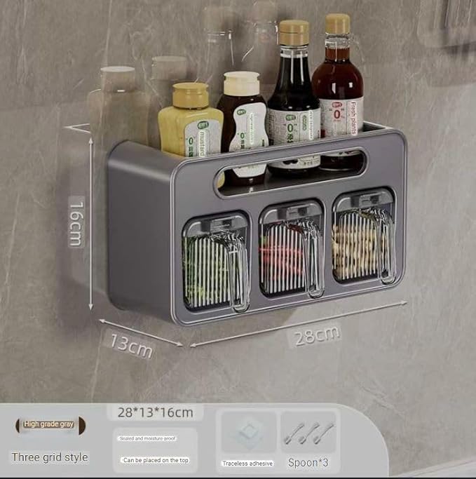 Spice Box, Wall Mounted Spice Box,Wall Mounted Durable Multi Condiment Dispenser Bottle Kitchen Spice Spot for Sugar Food Storage, 3 Grids stylish look