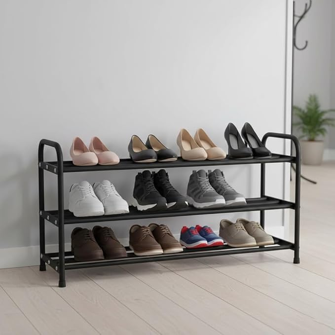 3-Tier Expandable Shoe Rack, 9.4" Ultra-Slim Metal Shoe Shelf for Entryway & Closet, 17.3"-31.5" Adjustable Length, Narrow Space-Saving Shoe Organizer for Dorm, Apartment