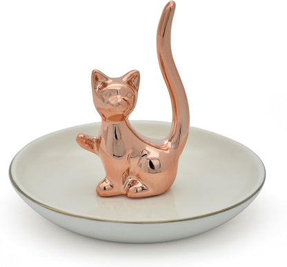 Rose Gold Lucky Kitten Rings Holder Jewelry Storage Dish Trinket Tray Decorative