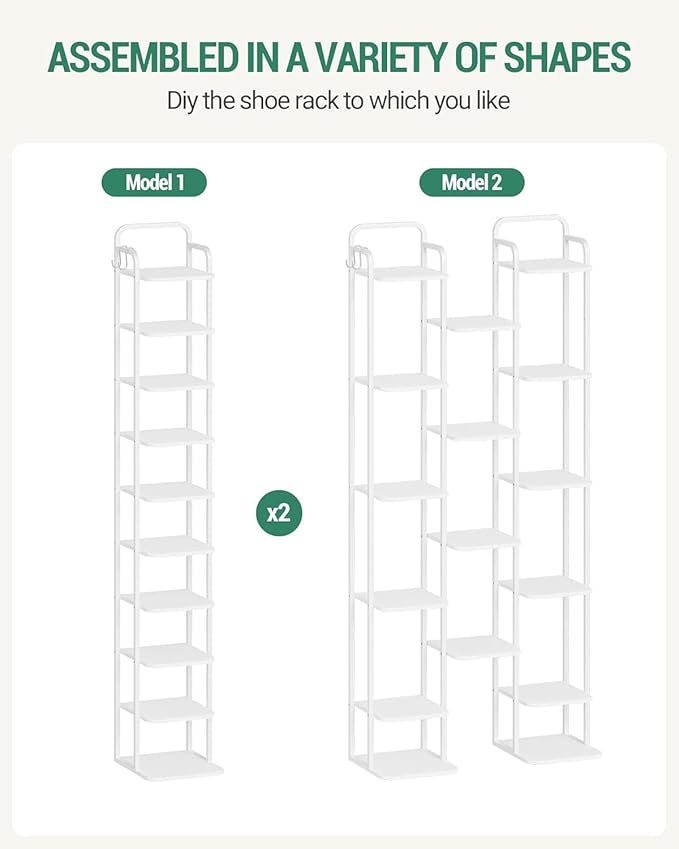 Hzuaneri 10 Tiers Vertical Shoe Rack, Narrow Shoe Tower, Tall Shoes Shelf with 2 Hooks, Adjustable Shelves, Corner Shoes Shelves for Small Spaces, Entryway, Living Room, White SR11213W