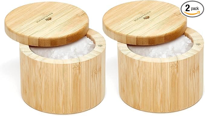 RoyalHouse Bamboo Salt Cellar Bamboo Storage Box with Magnetic Swivel Lid, 6 Ounce Capacity 2 Pack