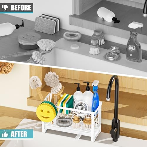 Sponge Holder for Kitchen Sink with Flexible Smiley Face, 2 Tier Kitchen Sink Organizer, Countertop and Storage Essentials, Soap Dispenser Organizer, Home Decor Accessories - White - Image 5