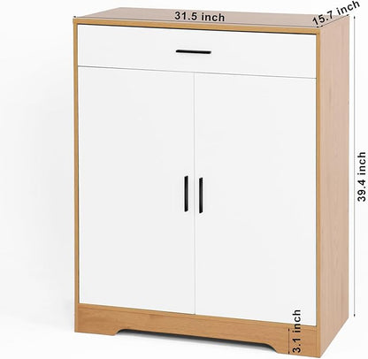 Shoe Cabinet with Drawer, Modern Shoe Storage Cabinet with Doors, 4 Tiers Narrow Shoe Organizer for Entryway, Foyer, Hallway, Natural & White