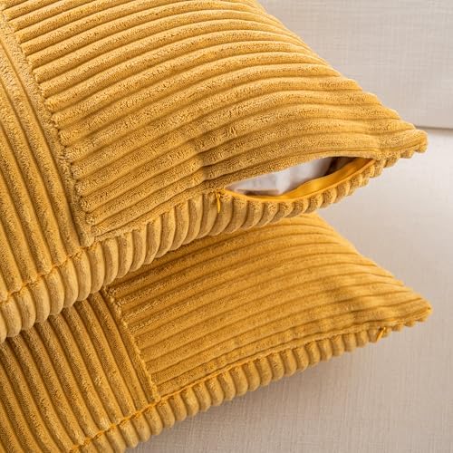 Fancy Homi 2 Packs Gold Yellow Big Decorative Throw Pillow Covers 24x24 Inch for Couch Bed Sofa, Rustic Farmhouse Boho Home Decor, Soft Corss Corduroy Patchwork Accent Square Cushion Case 60x60 cm - Image 4