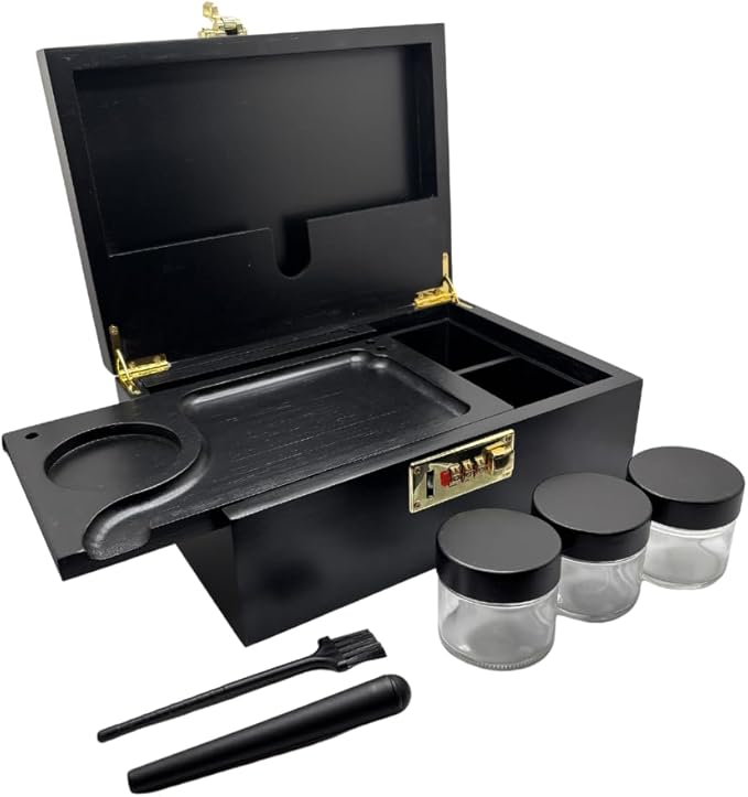 Smell Proof Stash Box with Lock & 5 Piece Accessory Kit – Black Bamboo Organizer with Removable Tray – Large Odor Proof Storage Case for Home or Travel