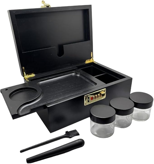 Smell Proof Stash Box with Lock & 5 Piece Accessory Kit – Black Bamboo Organizer with Removable Tray – Large Odor Proof Storage Case for Home or Travel