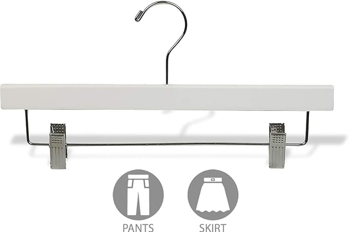 White Wooden Pant Hanger w/Adjustable Cushion Clips, Box of 50 Flat Wood Bottom Hangers w/Chrome Swivel Hook for Jeans Slacks or Skirt