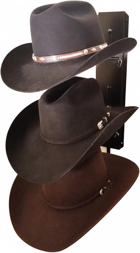 American Made 3 Cowboy Hat Rack, Crown Up Wall Mount Hat Holder, Heavy Duty Powder Coated Steel, Black, Model MCC3BUBlk