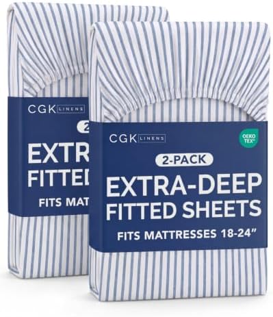 CGK Linens 2 Pack Extra Deep Twin Fitted Sheets - Blue Stripes by CGKUnlimited