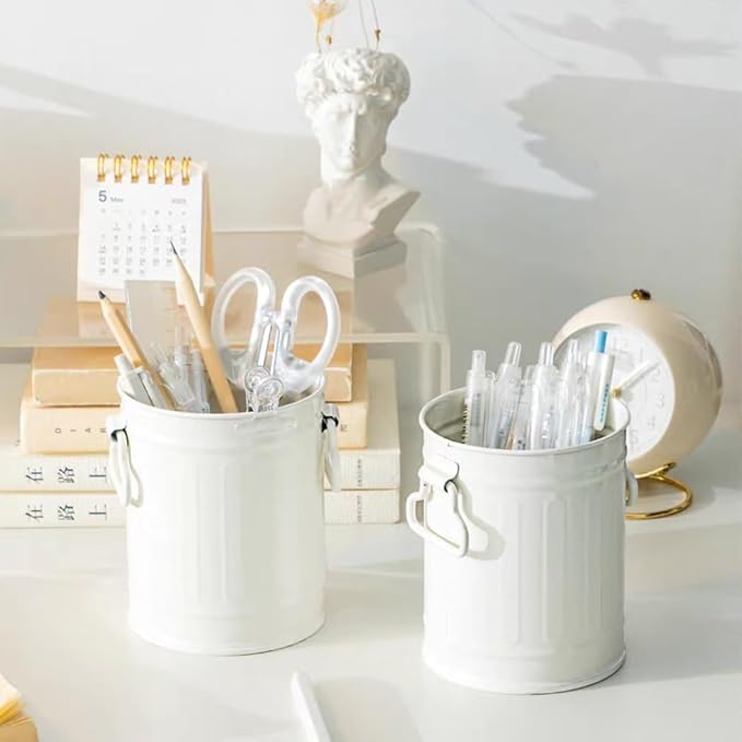 OULIGET Desktop Metal Makeup Brush Holder Organizer,Pen Storage Container Office Desk Trash Can,Storage Pen Holder Storage Tank Vase with 2 Handles